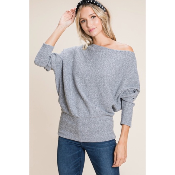 SOLD OUT Gray Solid Ribbed Off Shoulder Dolman Sweater - Picture 3 of 6